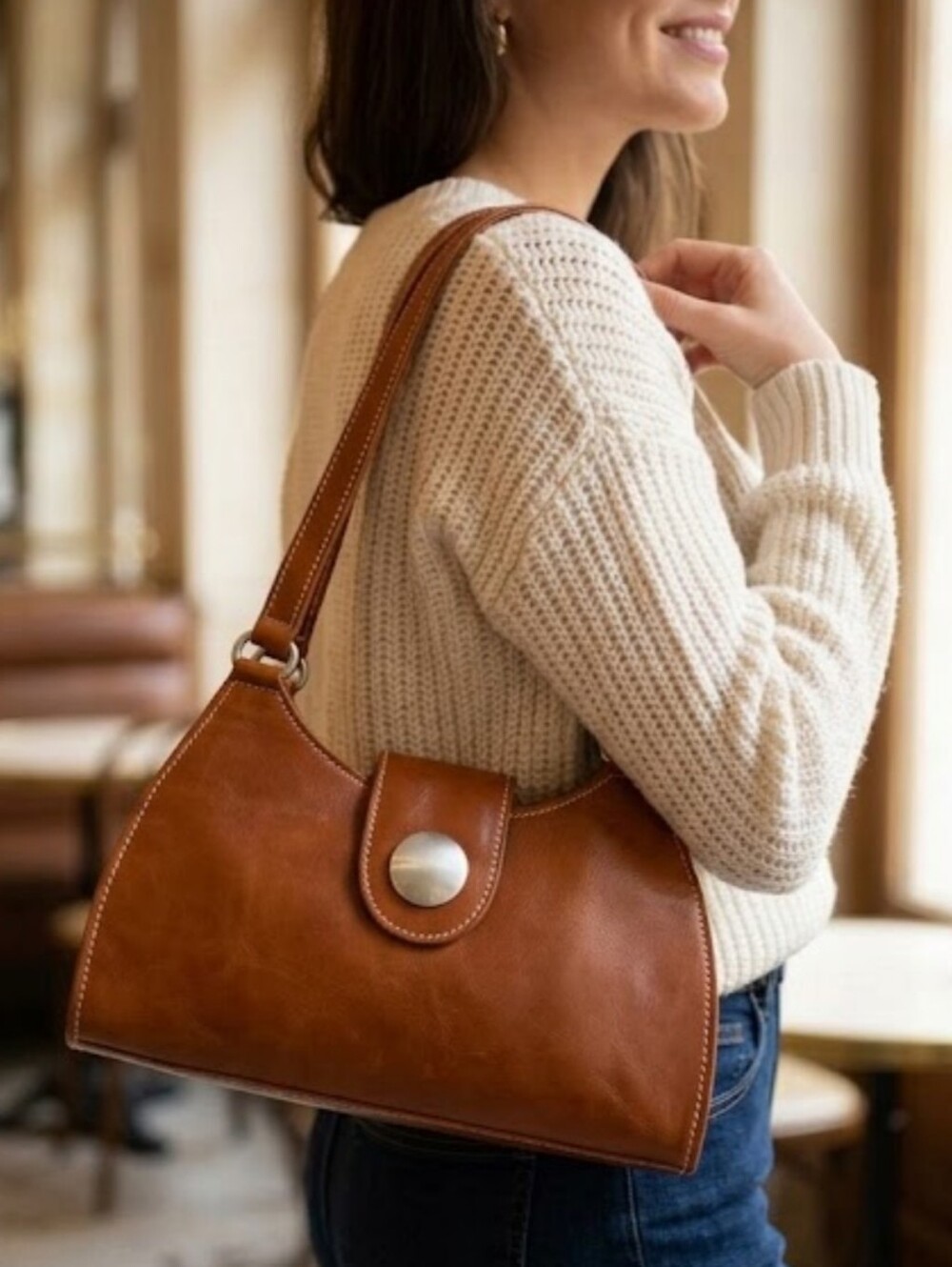 Italian Genuine Leather Brown Small Shoulder Bag Smooth Leather Hobo Purse New